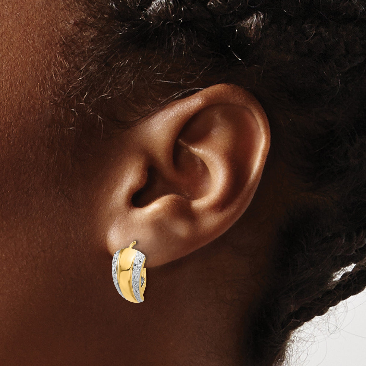 14k Yellow Gold Hoop Earrings, Two-Tone Rhodium Diamond Cut Textured Design, Leverback Style