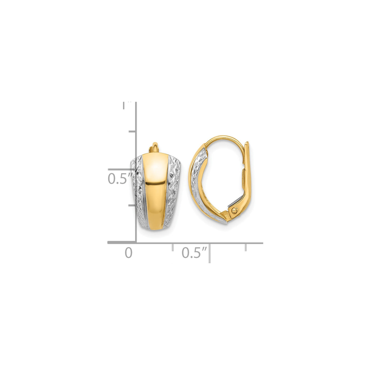 14k Yellow Gold Hoop Earrings, Two-Tone Rhodium Diamond Cut Textured Design, Leverback Style