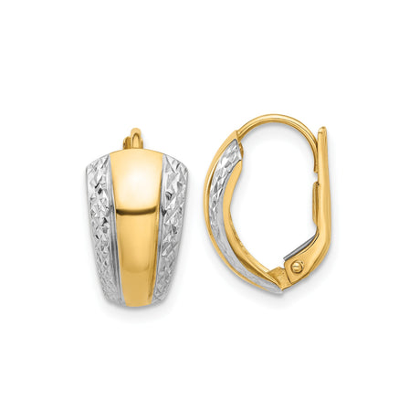 14k Yellow Gold Hoop Earrings, Two-Tone Rhodium Diamond Cut Textured Design, Leverback Style