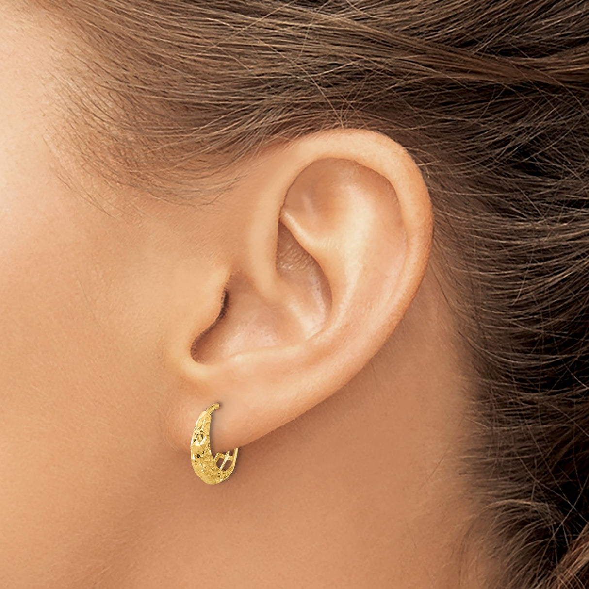 14k Yellow Gold Hoop Earrings, Diamond Cut Textured Open Work, Lightweight Modern Design
