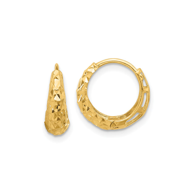 14k Yellow Gold Hoop Earrings, Diamond Cut Textured Open Work, Lightweight Modern Design