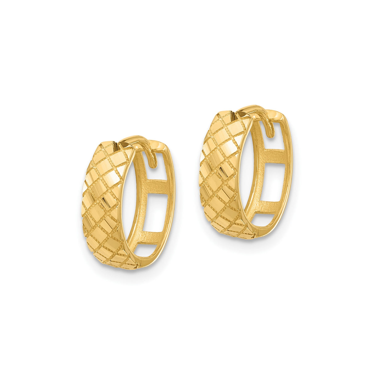 14k Yellow Gold Hoop Earrings, Diamond Cut Lattice Pattern, Textured Hinged Design