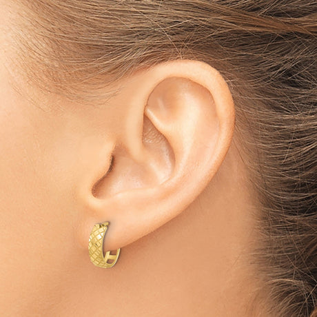 14k Yellow Gold Hoop Earrings, Diamond Cut Lattice Pattern, Textured Hinged Design