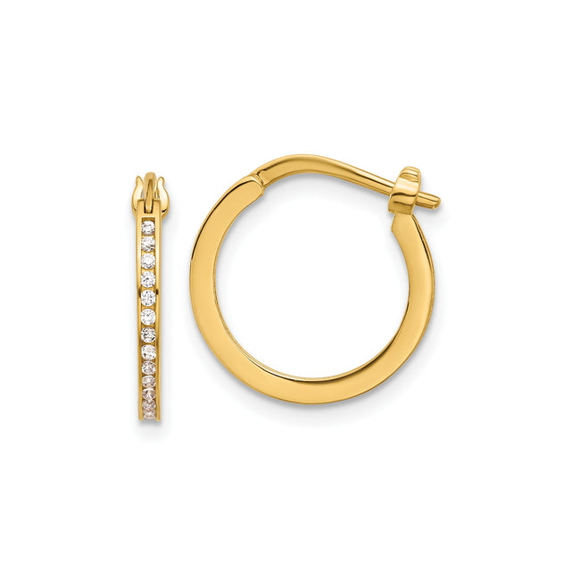 14k Yellow Gold Hoop Earrings with Channel Set Cubic Zirconia, Polished Everyday Style