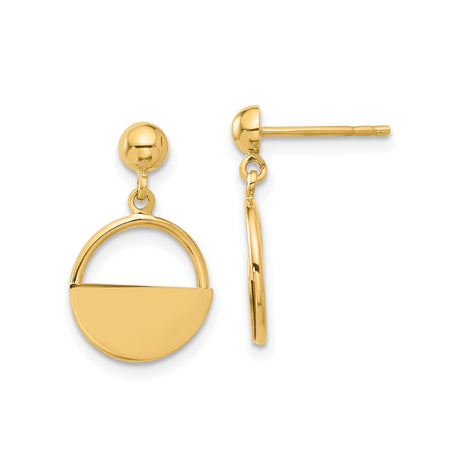 14k Yellow Gold Dangle Earrings, Modern Geometric Half-Circle Design, Minimalist Drop Style