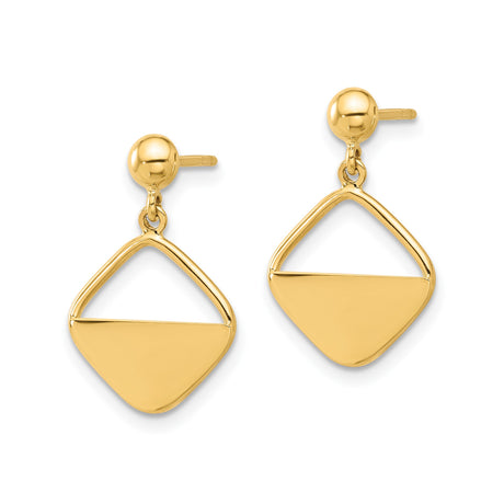14k Yellow Gold Drop Earrings, Geometric Diamond Shape, Modern Minimalist Design for Women