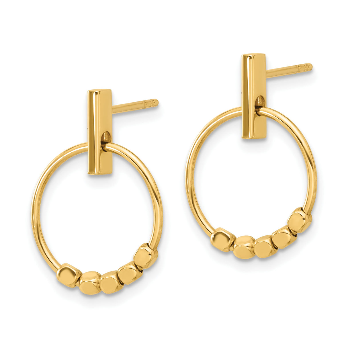 14k Yellow Gold Hoop Earrings with Textured Bead Open Circle Design, Minimalist Stud Style