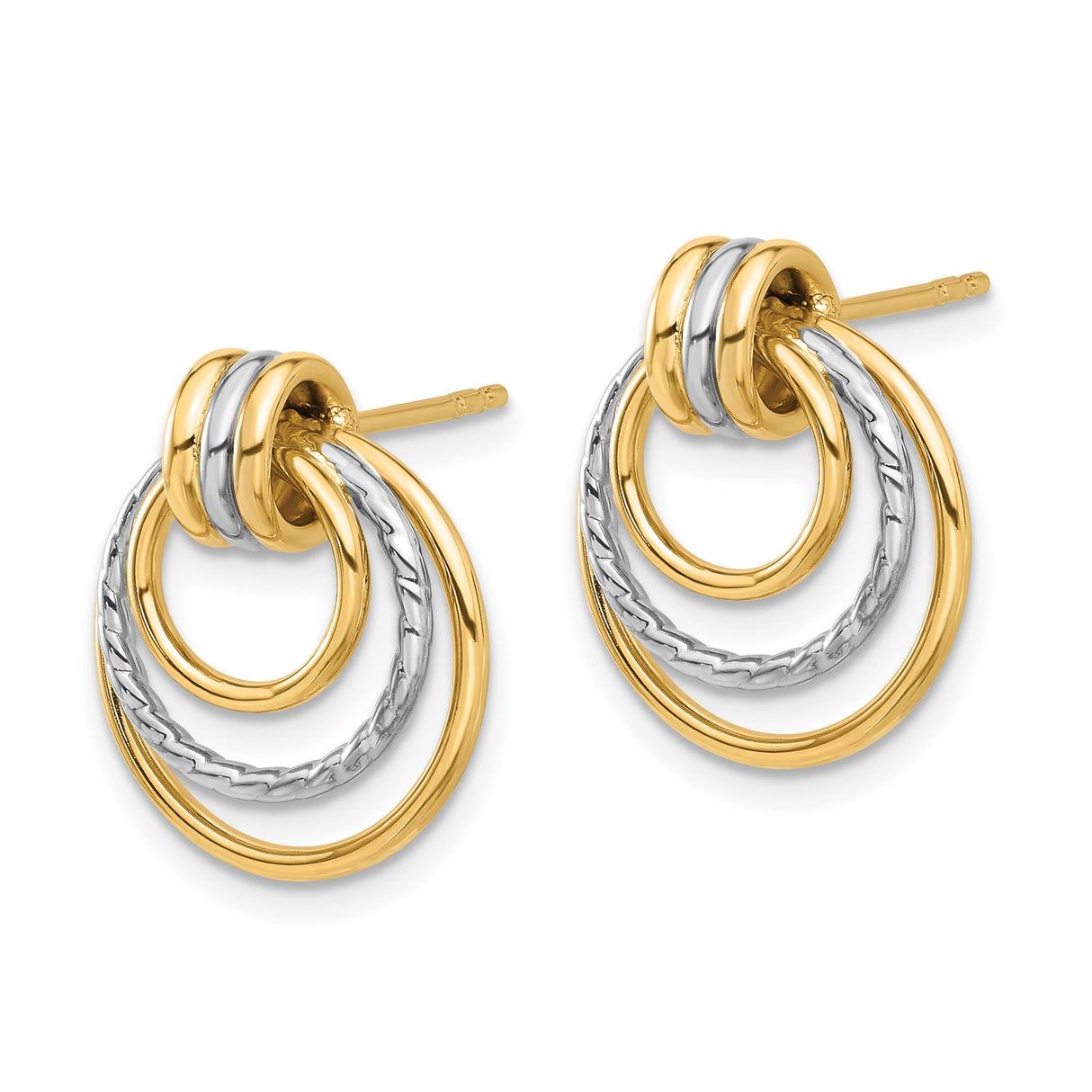 14k Two-Tone Gold Dangle Earrings with Interlocking Circles, Textured Layered Hoops