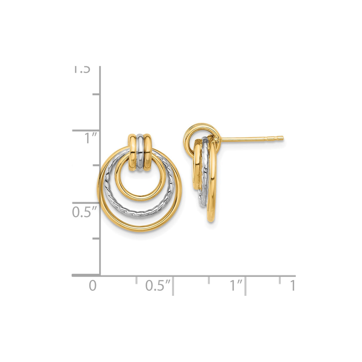 14k Two-Tone Gold Dangle Earrings with Interlocking Circles, Textured Layered Hoops