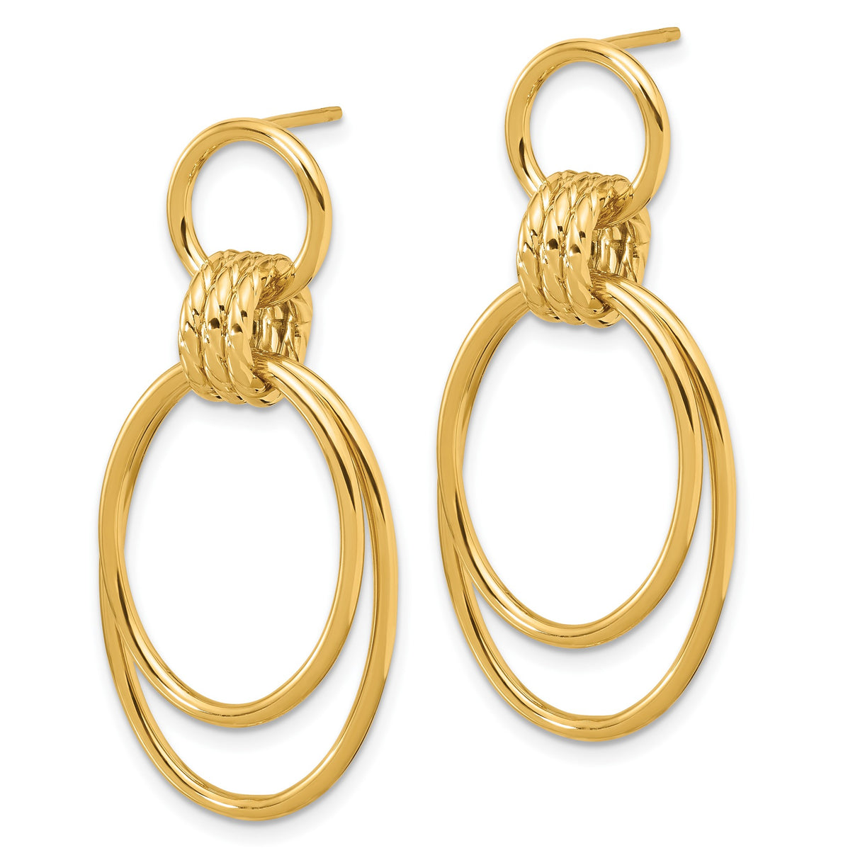 14k Yellow Gold Dangle Earrings with Interlocking Oval Hoops, Textured and Polished Design
