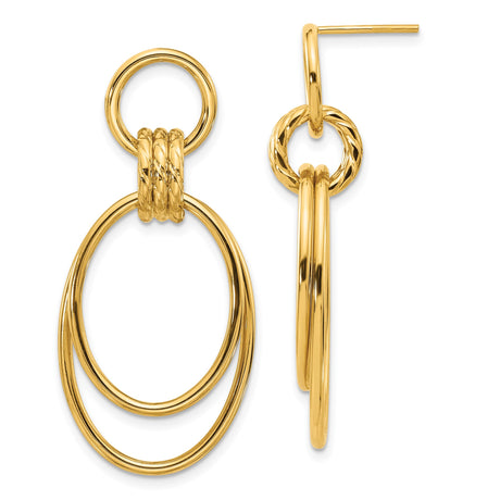 14k Yellow Gold Dangle Earrings with Interlocking Oval Hoops, Textured and Polished Design