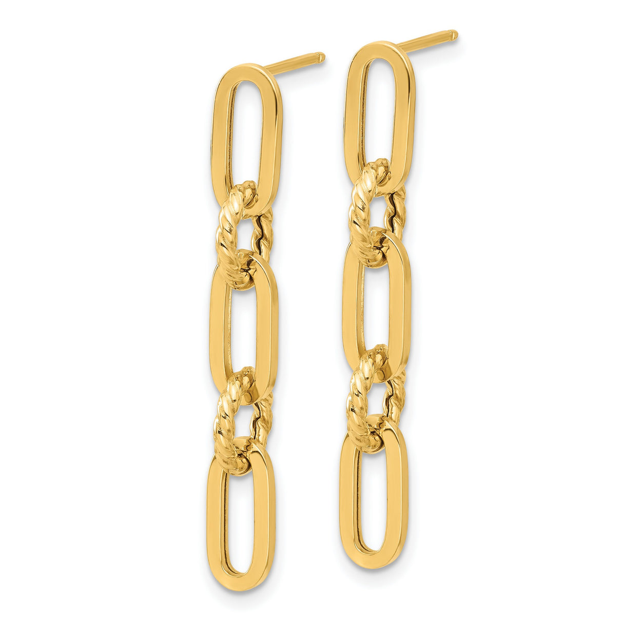14k Yellow Gold Drop Earrings with Oval and Rope-Style Round Links, Textured and Polished Finish