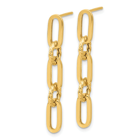 14k Yellow Gold Drop Earrings with Oval and Rope-Style Round Links, Textured and Polished Finish