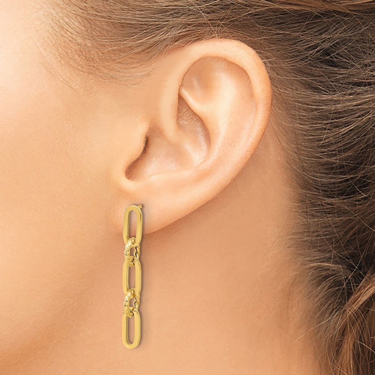 14k Yellow Gold Drop Earrings with Oval and Rope-Style Round Links, Textured and Polished Finish