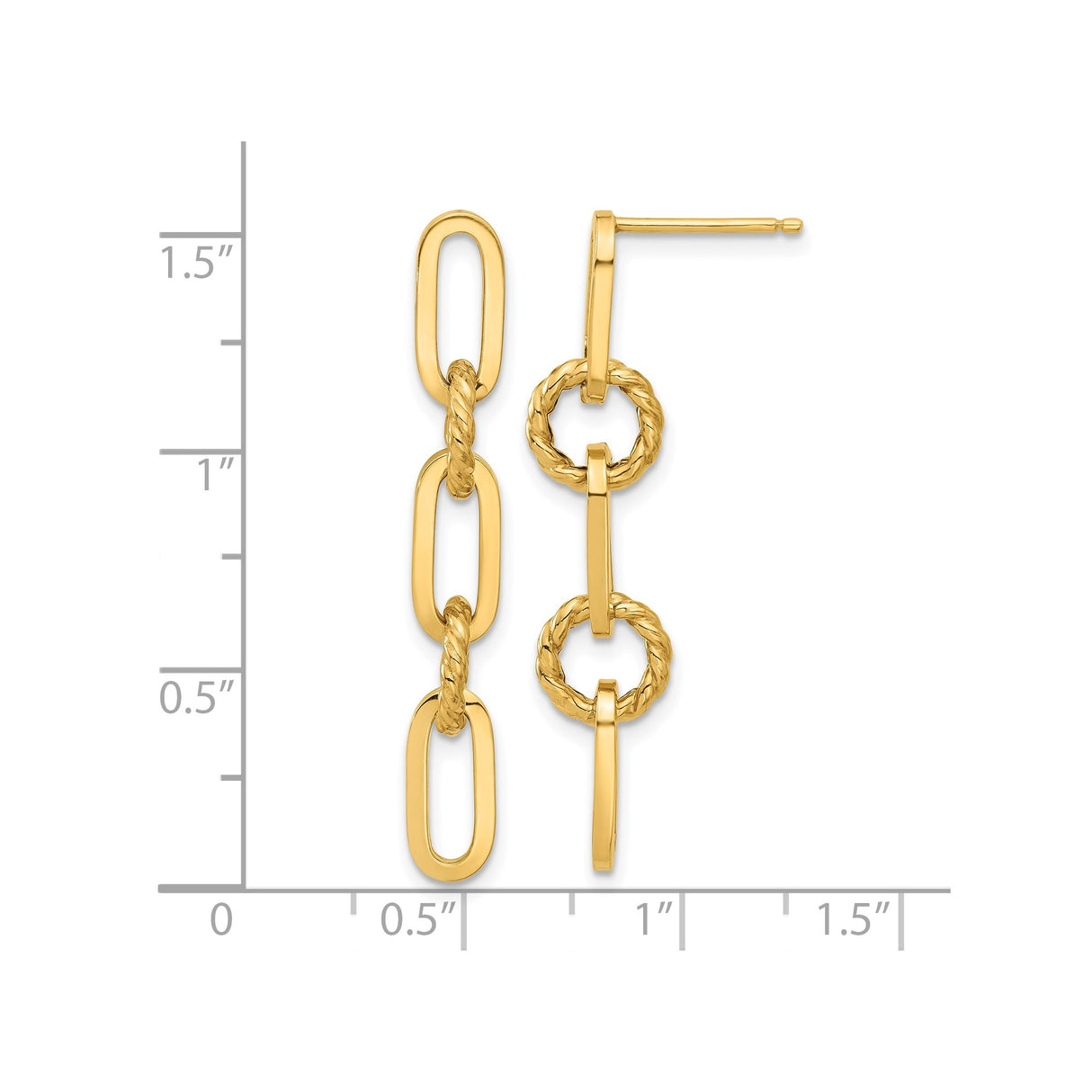 14k Yellow Gold Drop Earrings with Oval and Rope-Style Round Links, Textured and Polished Finish