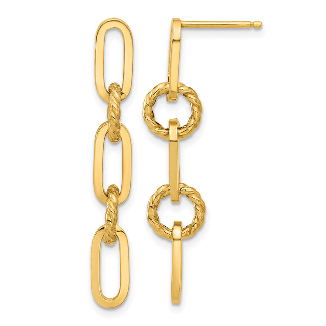 14k Yellow Gold Drop Earrings with Oval and Rope-Style Round Links, Textured and Polished Finish