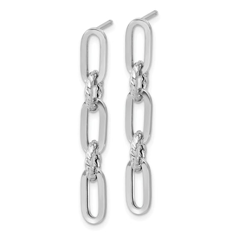 14k White Gold Dangle Earrings with Chain Link Design, Polished Oval and Textured Rope Links
