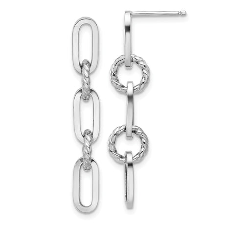 14k White Gold Dangle Earrings with Chain Link Design, Polished Oval and Textured Rope Links