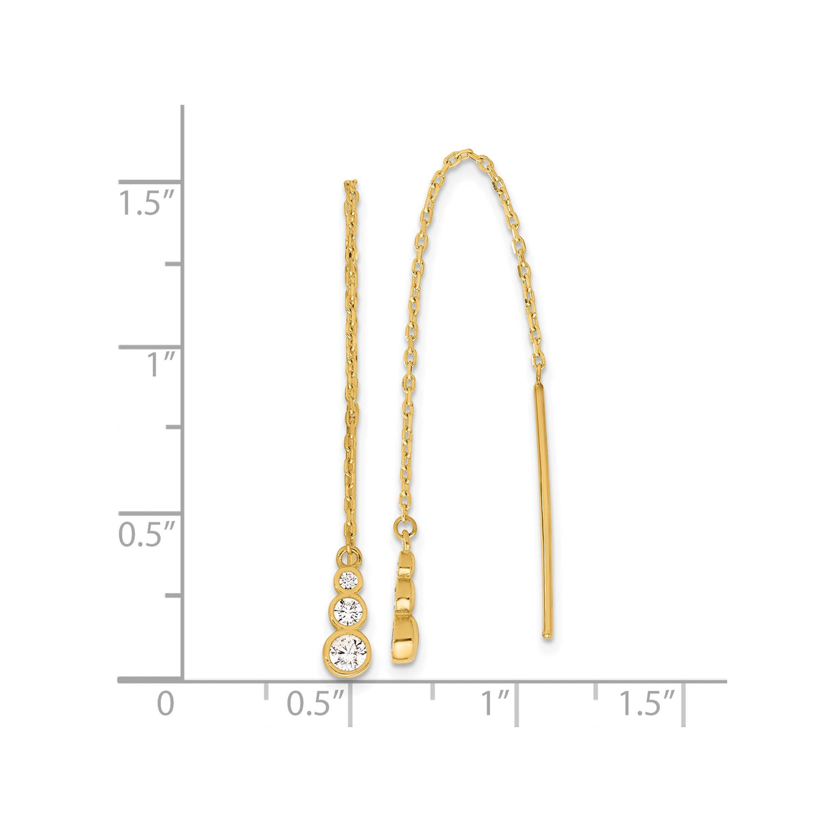 14k Yellow Gold Threader Earrings with Graduated Cubic Zirconia, Modern Pull Through Dangle Design