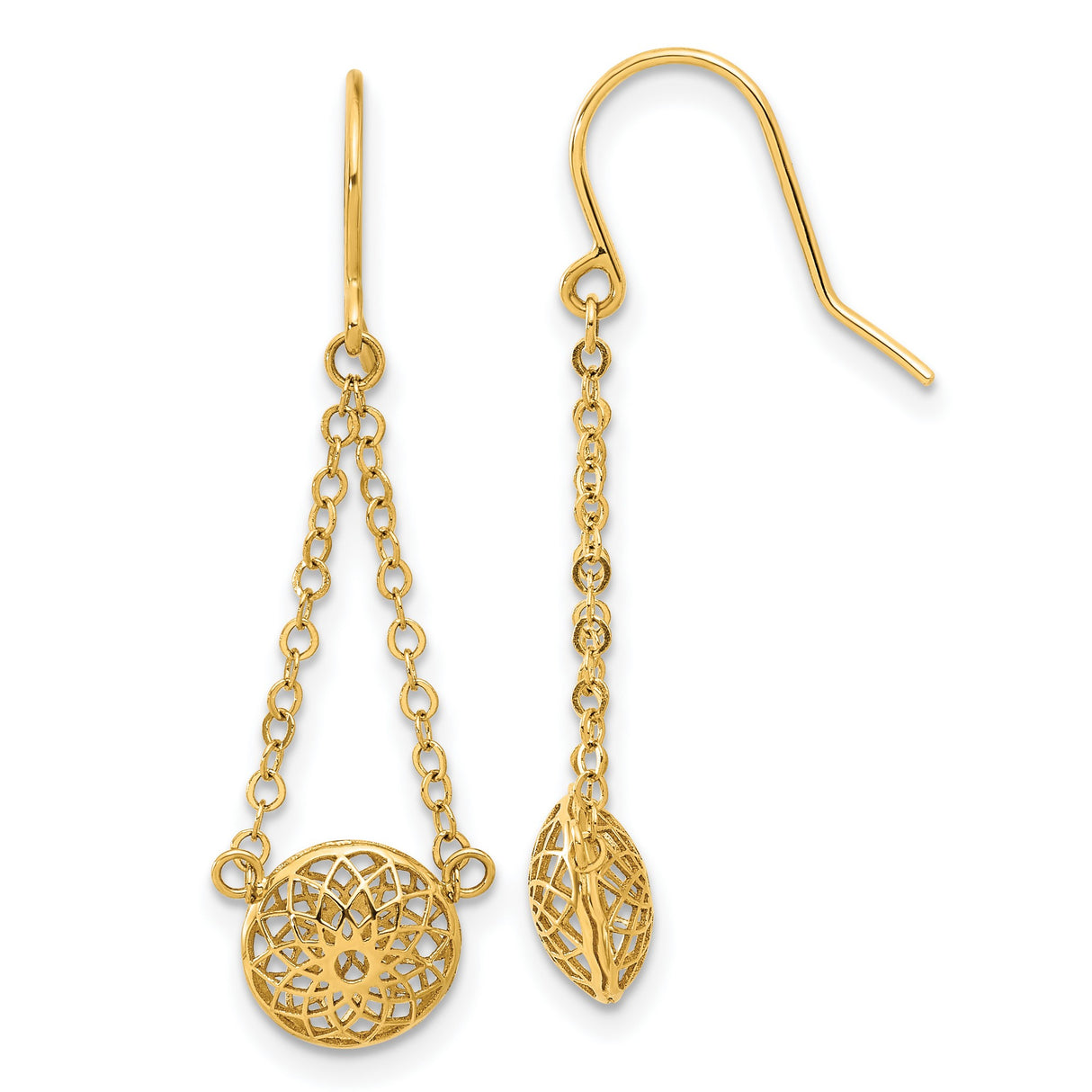 14k Yellow Gold Drop Earrings with Openwork Floral and Marquise Filigree Design