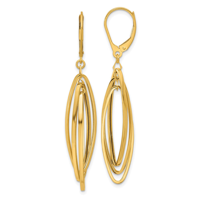 14k Yellow Gold Dangle Earrings with Layered Open Oval Loops, Leverback, Minimalist Style