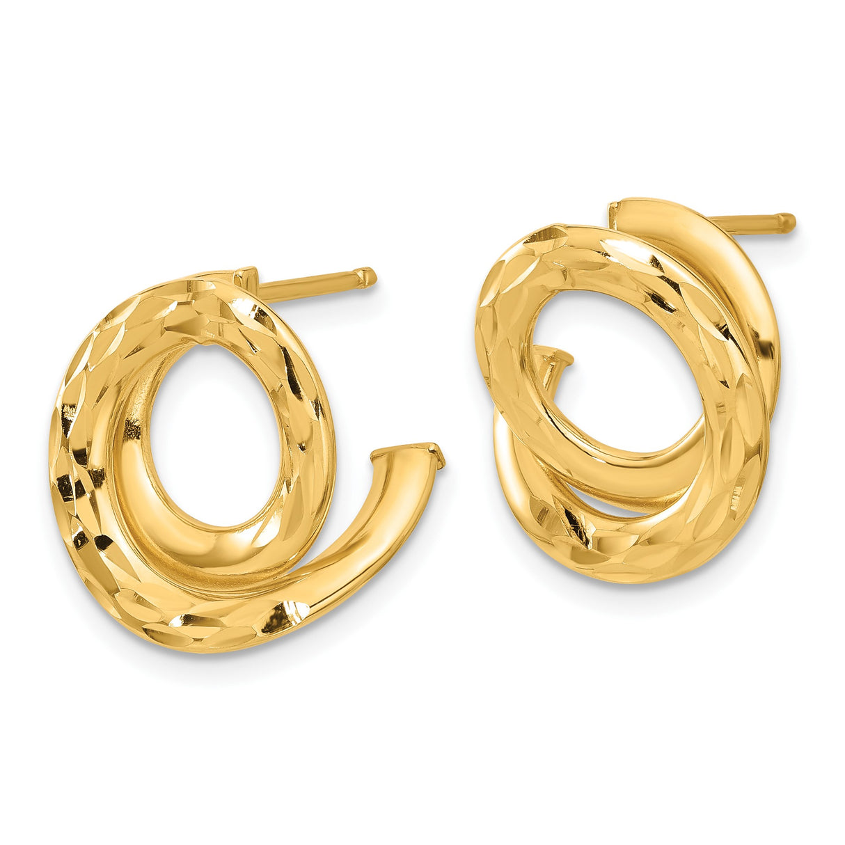 14k Yellow Gold Stud Earrings with Twisted Swirl Design, Polished and Diamond Cut Finish
