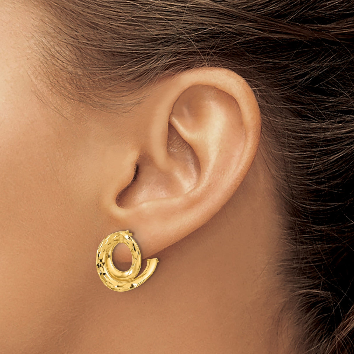 14k Yellow Gold Stud Earrings with Twisted Swirl Design, Polished and Diamond Cut Finish