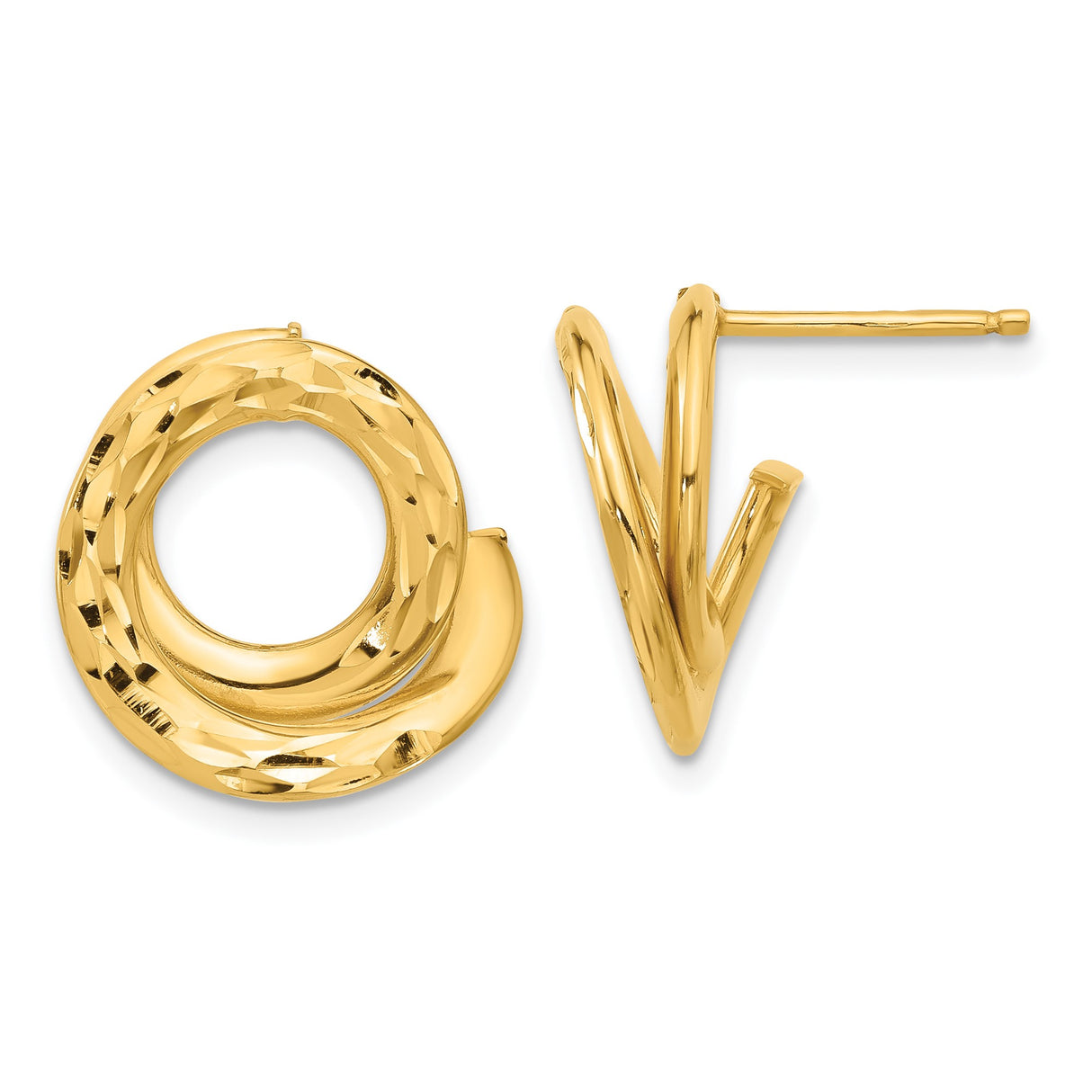 14k Yellow Gold Stud Earrings with Twisted Swirl Design, Polished and Diamond Cut Finish