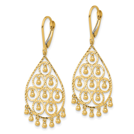 14k Yellow Gold Teardrop Dangle Earrings with Filigree Pattern and Bead Accents