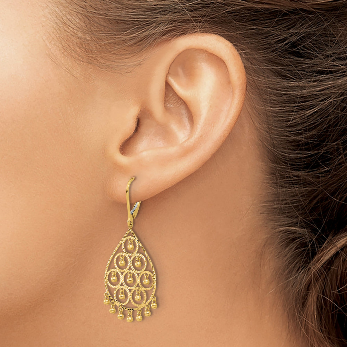 14k Yellow Gold Teardrop Dangle Earrings with Filigree Pattern and Bead Accents