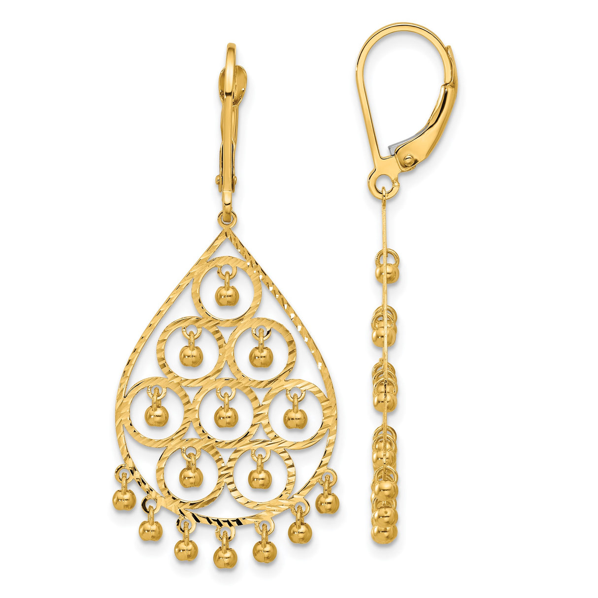 14k Yellow Gold Teardrop Dangle Earrings with Filigree Pattern and Bead Accents