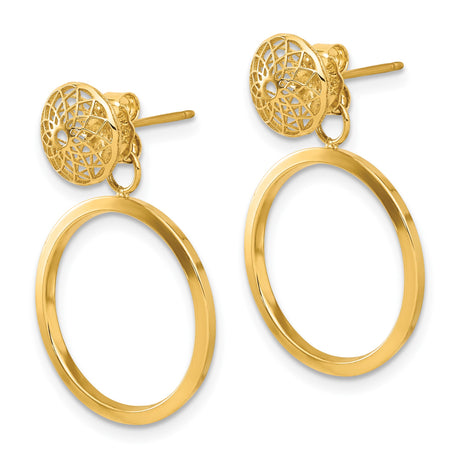 14k Yellow Gold Dangle Earrings with Lotus Filigree Floral Cutout Design, Boho Yoga Inspired