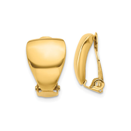 14k Yellow Gold Clip On Earrings for Women with Omega Clips, Smooth Finish, High Polish Shine, Bold Modern Design, Non Pierced Ear Style, Classic Everyday Wear, Versatile Fashion Jewelry