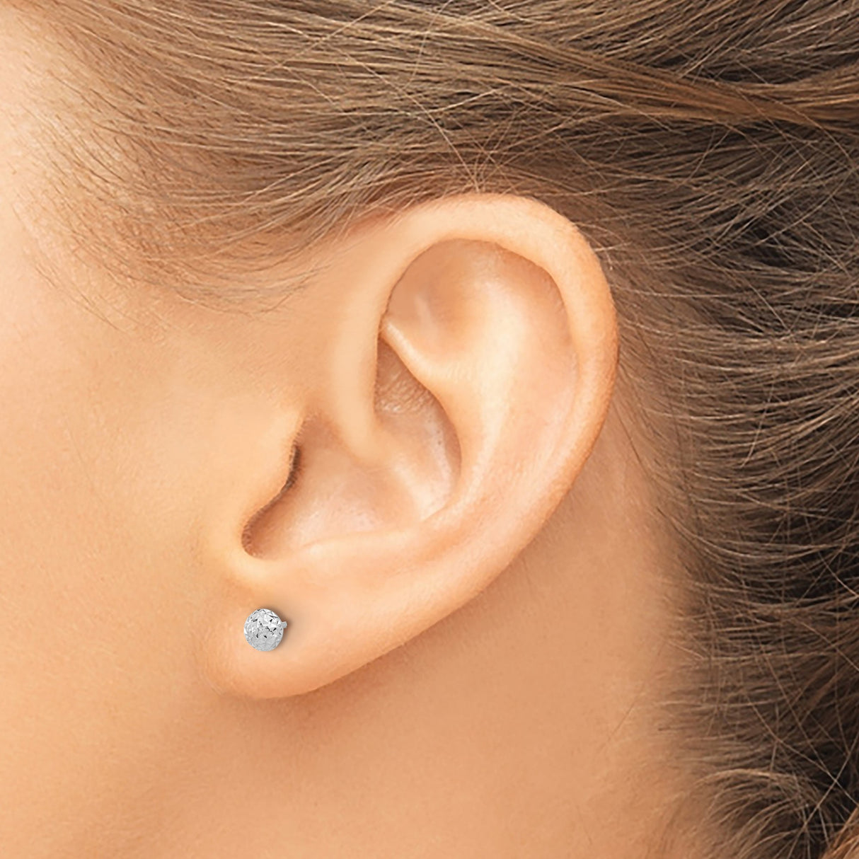 14k White Gold Stud Earrings, Faceted Dome Button Design, Classic Ball Style