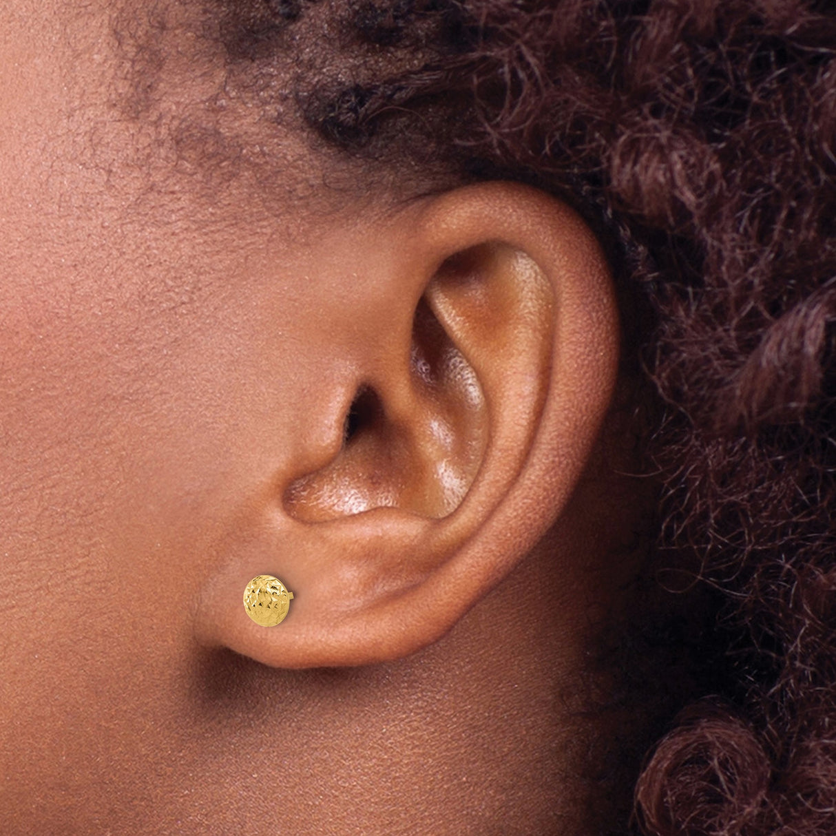 14k Yellow Gold Stud Earrings, Round Domed Diamond Cut Design, High Polish Finish