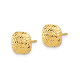 14k Yellow Gold Cushion Stud Earrings, Polished Diamond Cut Texture, Lightweight Square Design