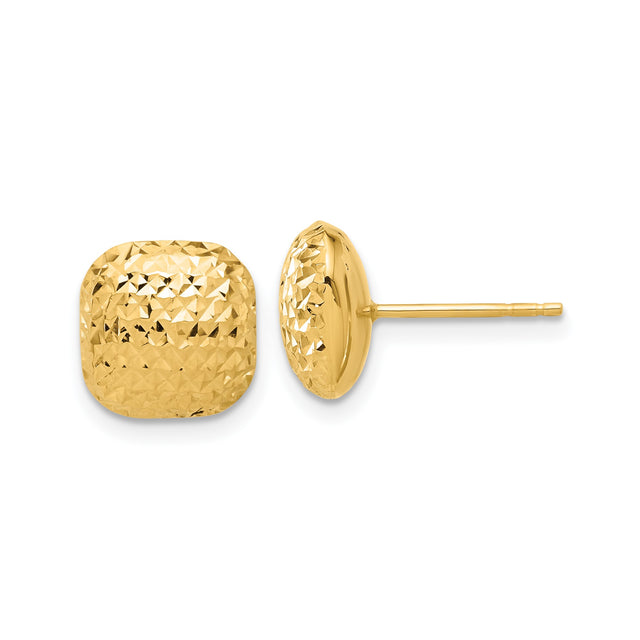 14k Yellow Gold Cushion Stud Earrings, Polished Diamond Cut Texture, Lightweight Square Design