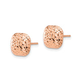 14k Rose Gold Stud Earrings, Cushion Cut Puffed Square Design, Polished Finish, Lightweight