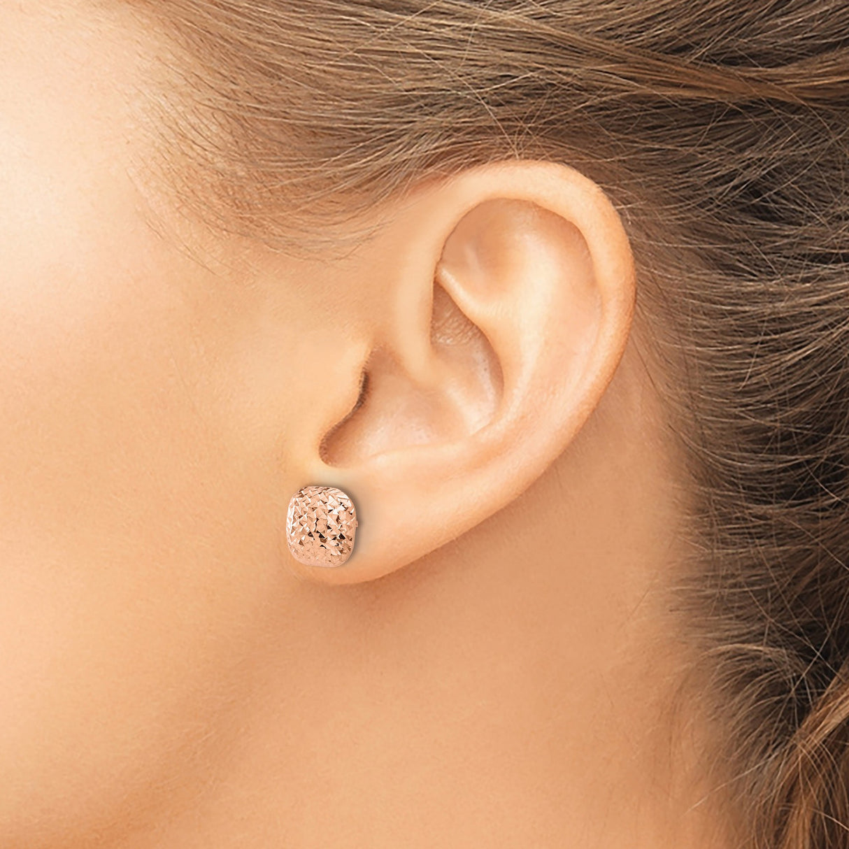 14k Rose Gold Stud Earrings, Cushion Cut Puffed Square Design, Polished Finish, Lightweight