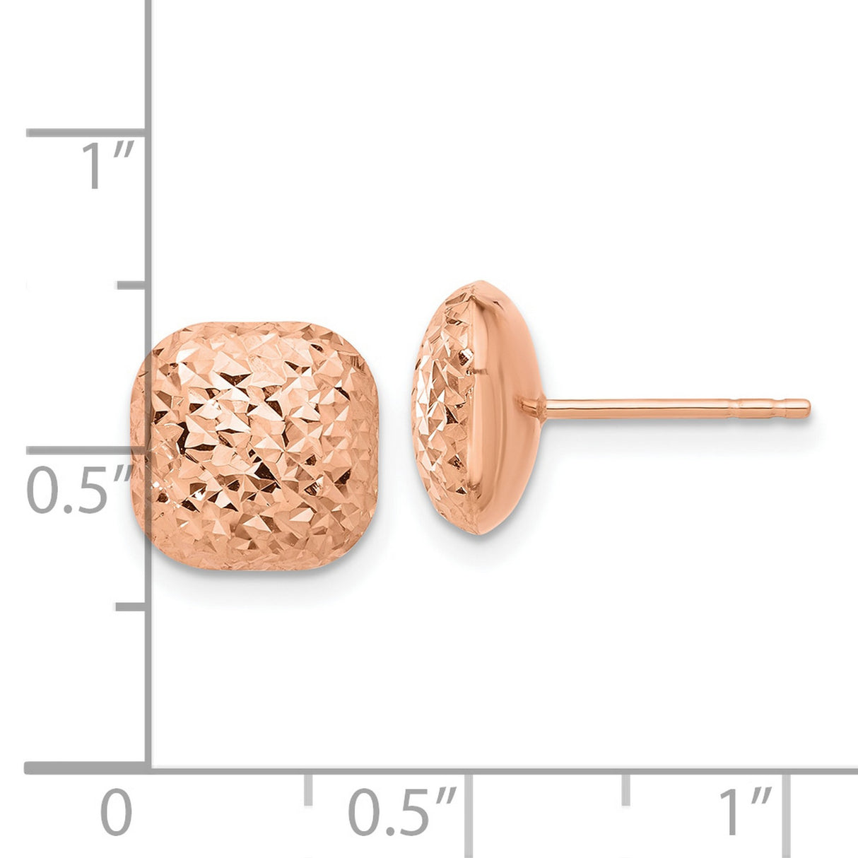 14k Rose Gold Stud Earrings, Cushion Cut Puffed Square Design, Polished Finish, Lightweight