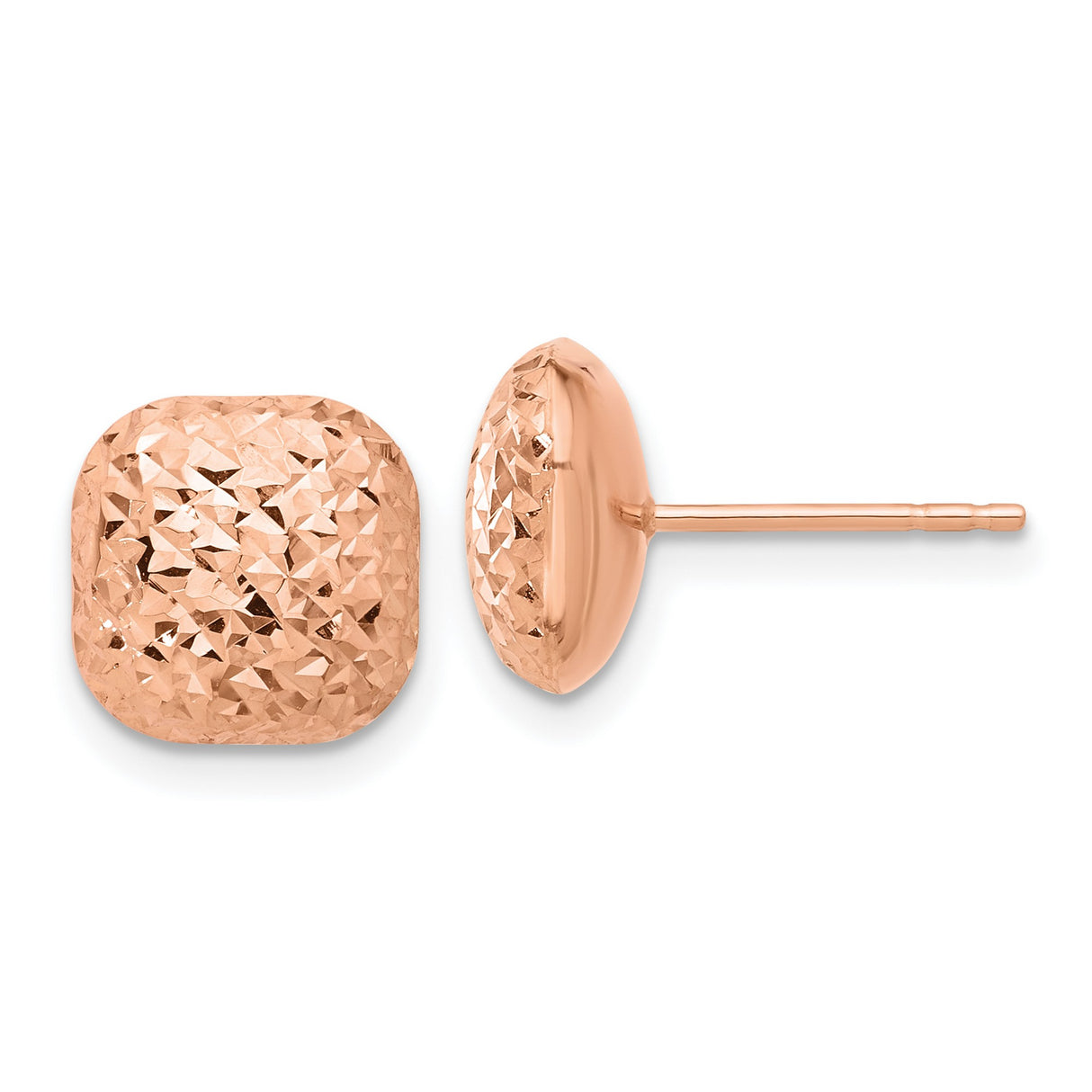14k Rose Gold Stud Earrings, Cushion Cut Puffed Square Design, Polished Finish, Lightweight
