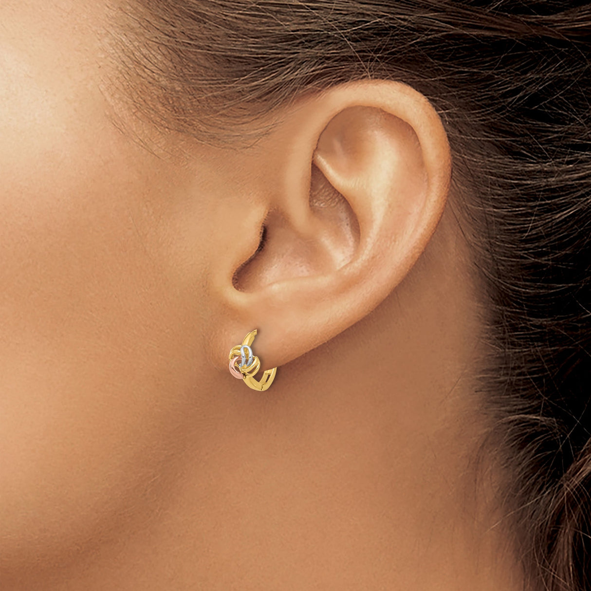 14k Yellow Gold Hoop Earrings with Tricolor Interwoven Love Knot Design for Women