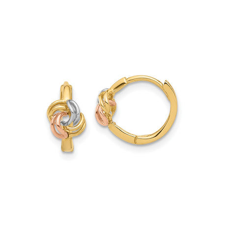 14k Two Tone Gold Hoop Earrings for Women with Interwoven Love Knot in Yellow White Rose Gold, Symbolic of Eternal Love, Elegant Polished Finish, Tricolor Hoops for Formal or Everyday Wear