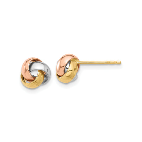 14k Tri-Color Gold Love Knot Stud Earrings for Women with Intertwined Yellow White Rose Gold Loops, Symbol of Unity and Eternal Love, Classic Fine Jewelry for Daily Wear or Elegant Occasions