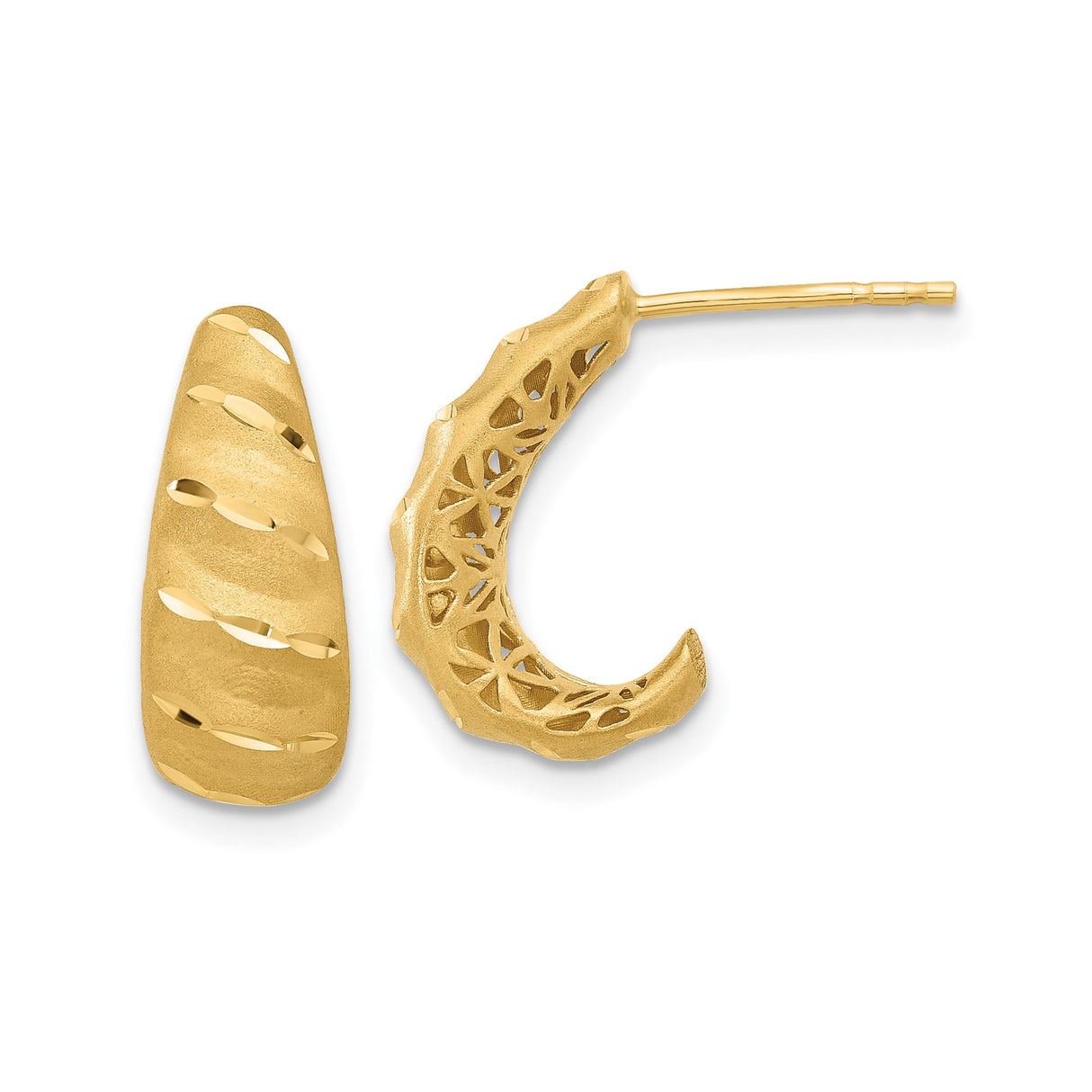 14k Yellow Gold Hoop Earrings, Textured Geometric Cut-Out Design, High Polish Finish