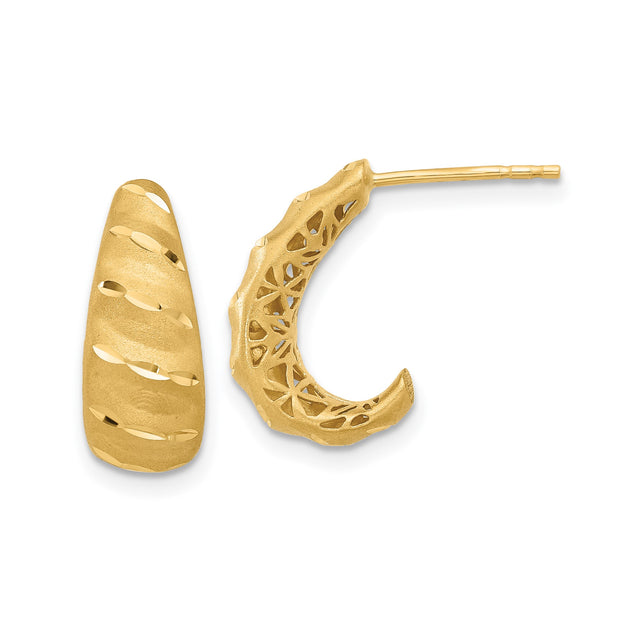 14k Yellow Gold Hoop Earrings, Textured Geometric Cut-Out Design, High Polish Finish