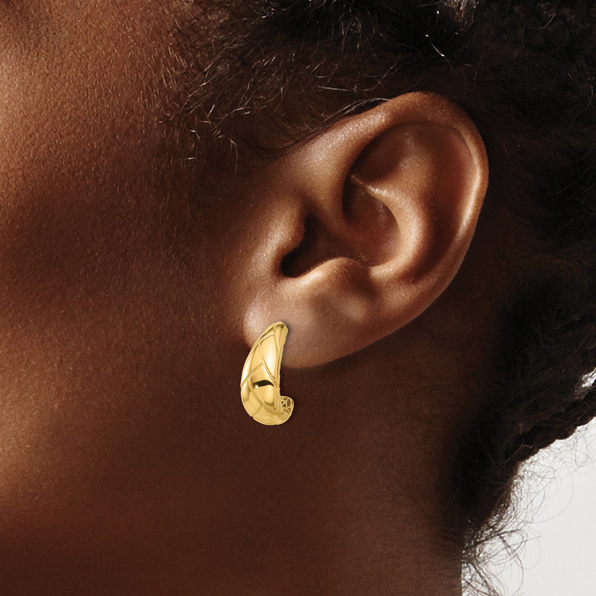 14k Yellow Gold Hoop Earrings, Quilted Diamond Pattern, Textured Dome Style, Polished Finish