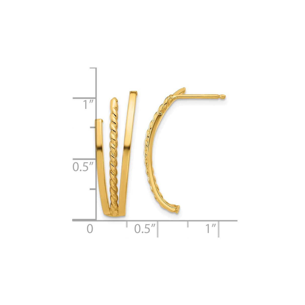 14k Yellow Gold Triple Bar Hoop Earrings with Twisted Rope Design and Polished Finish