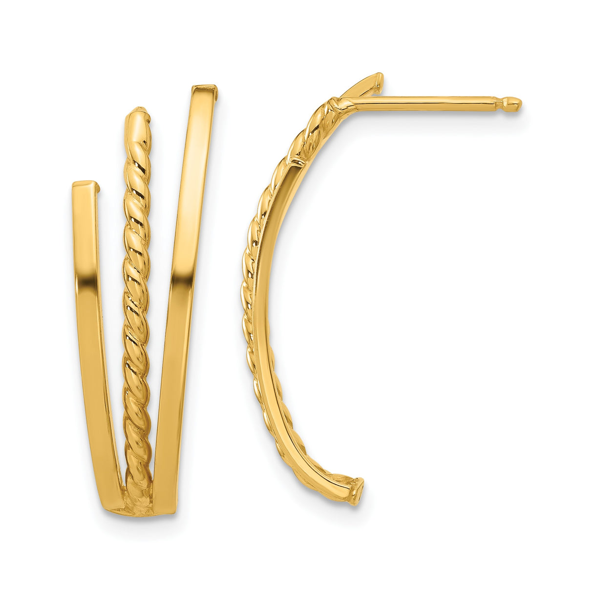 14k Yellow Gold Triple Bar Hoop Earrings with Twisted Rope Design and Polished Finish