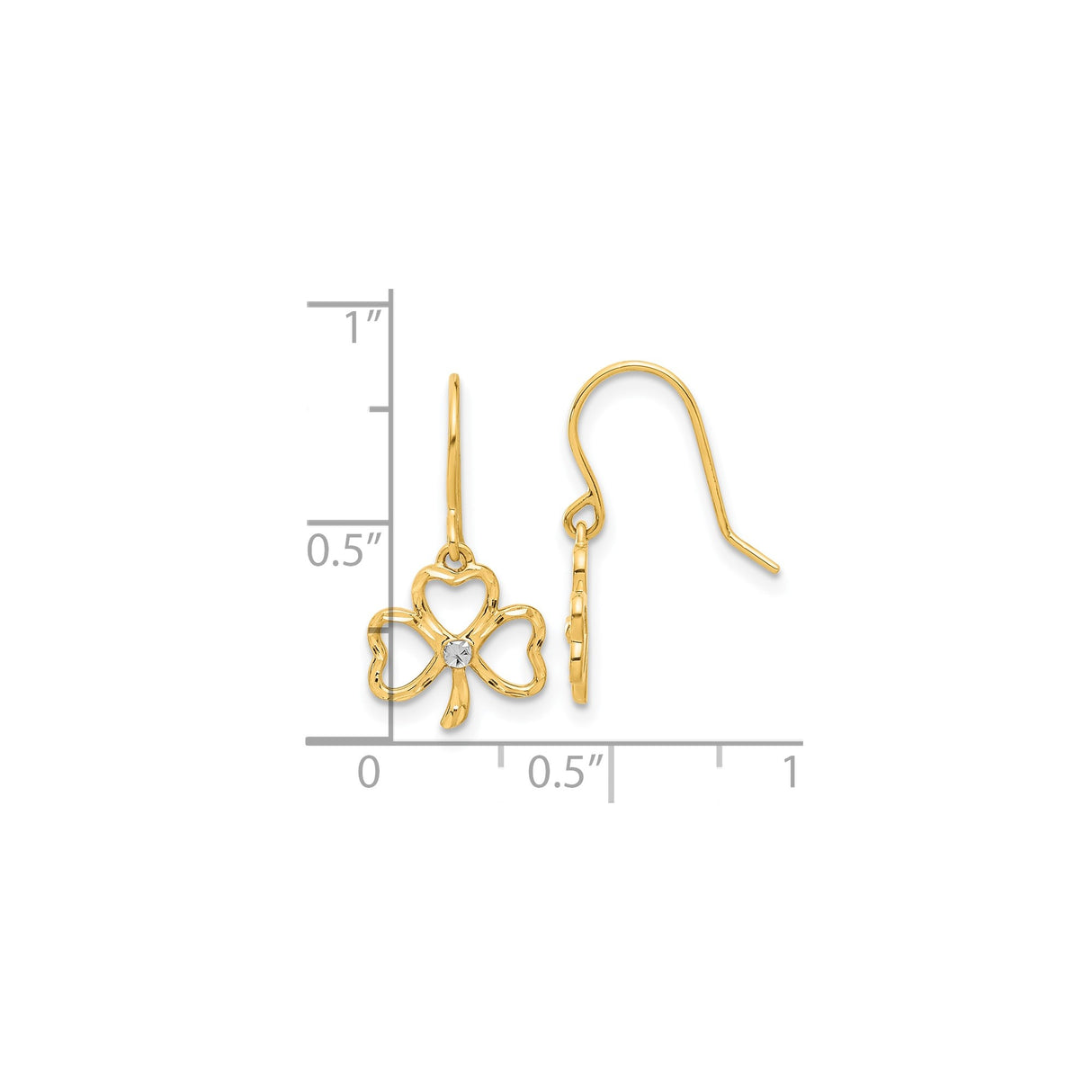 14k Yellow Gold Dangle Earrings with Open Heart Shamrock Design, Celtic Irish Style for Women